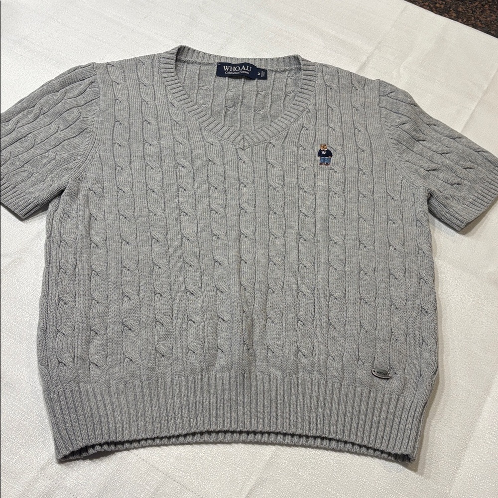 Who.A.U. Gray Cable Knit Short Sleeve Sweater Size M